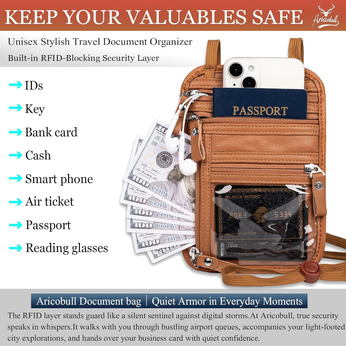 Neck Wallet - Rfid Wallet Women - passport holder for travel - Travel Wallet Passport Holder For Travel Women - 10.3x6.8inch (Yellowish Brown)