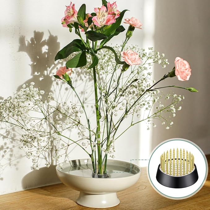 Kritkin 24 Pieces Flower Frogs Holder Mini Floral Round Flower Japanese Arranger Fixed Pin Holder for Arrangements Floral Plant Small Vase Ikebana Decoration Supplies Plant Fixation(1.34 Inch,Gold)