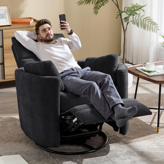 Swivel Rocker Recliner Chair, Manual Swivel Rocking Glider Chair for Nursery Adult Rocking Chair with 2 Pillows for Living Room Bedroom (Black, Manual Operation)