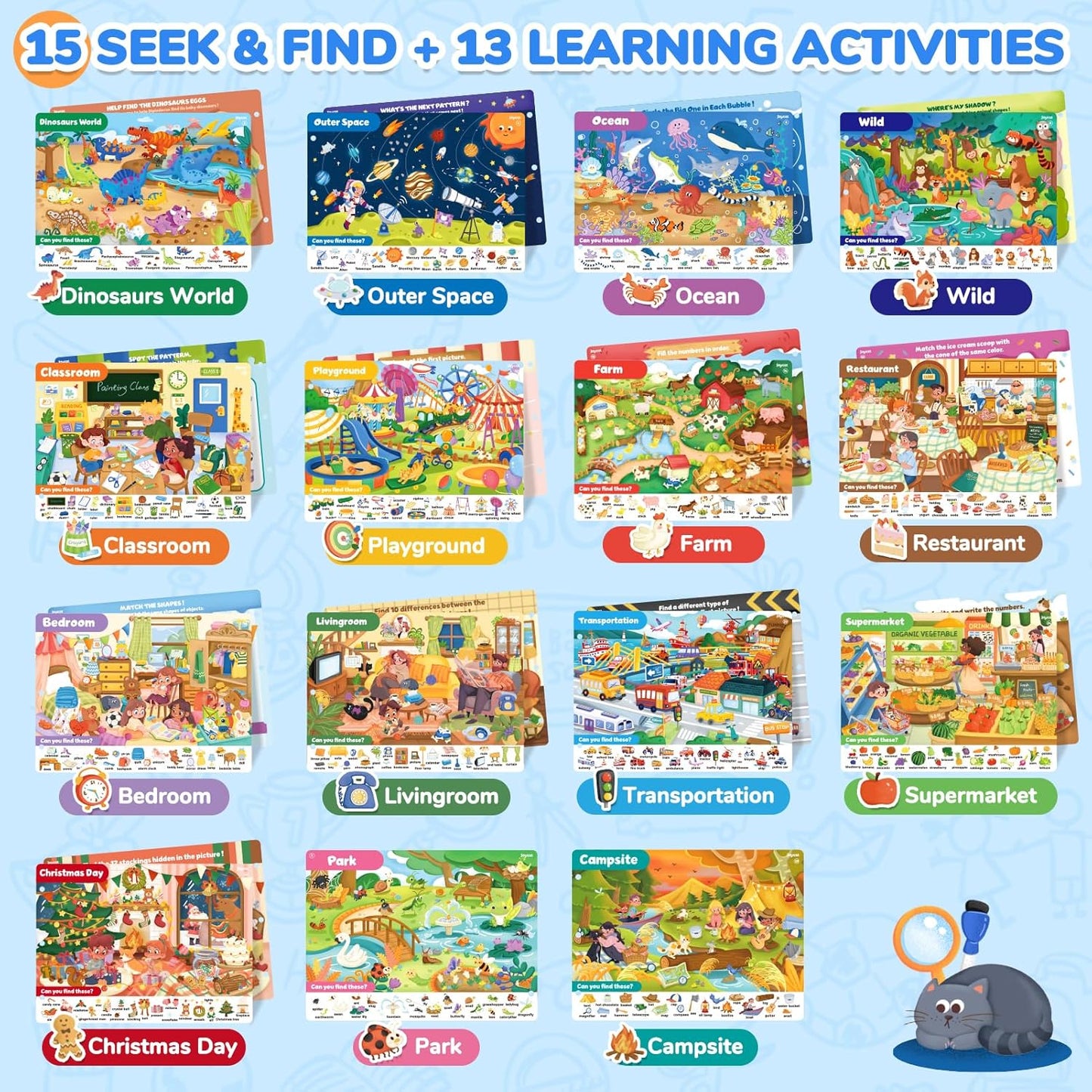 JoyCat Seek & Find Game Books - Preschool Learning Activity for Toddlers & Kids Ages 3-5, Travel Activities Toys for Road Trip Car Airplane, Busy Book, Birthday Gifts for Girls and Boys Ages 4-8