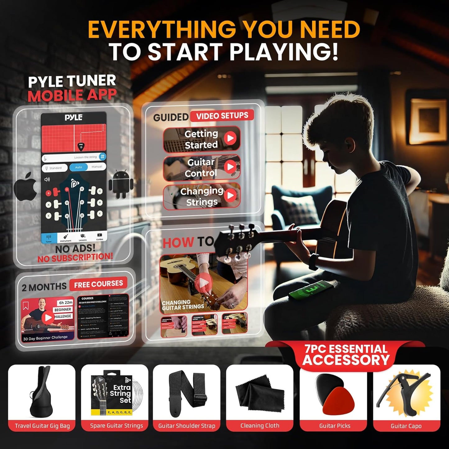 Pyle Beginner Acoustic Guitar Kit, 4/4 Full Size All Wood Build Nylon String Instrument with Capo, Strap, Extra String Set, Gig Bag, Guitars for Beginners Adults Youth, 39" Black Gloss