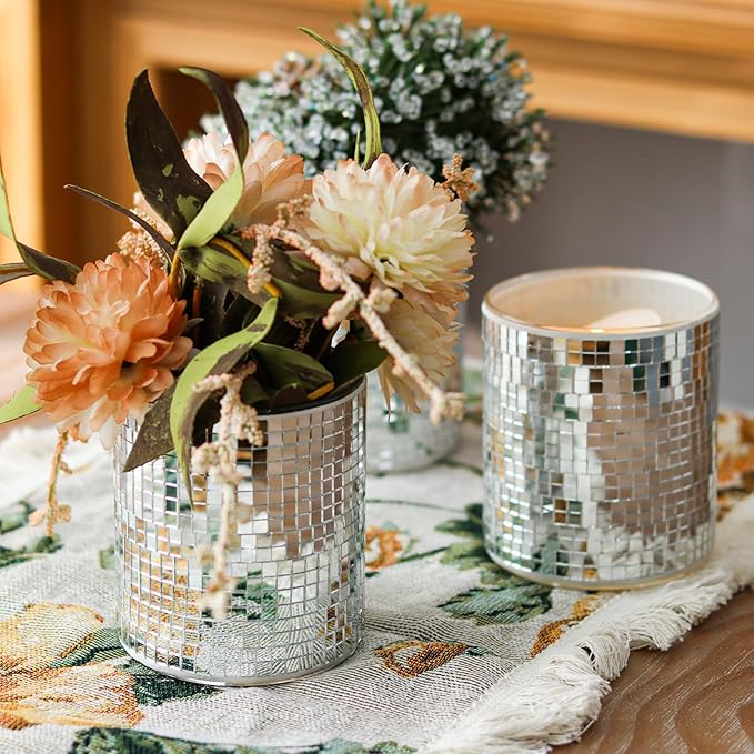 WDHODEC 6 Pcs Disco Vases Bulk Silver Mirror Disco Ball Flower Vase Glass Candle Holder for Wedding Table Centerpieces Decoration 4"