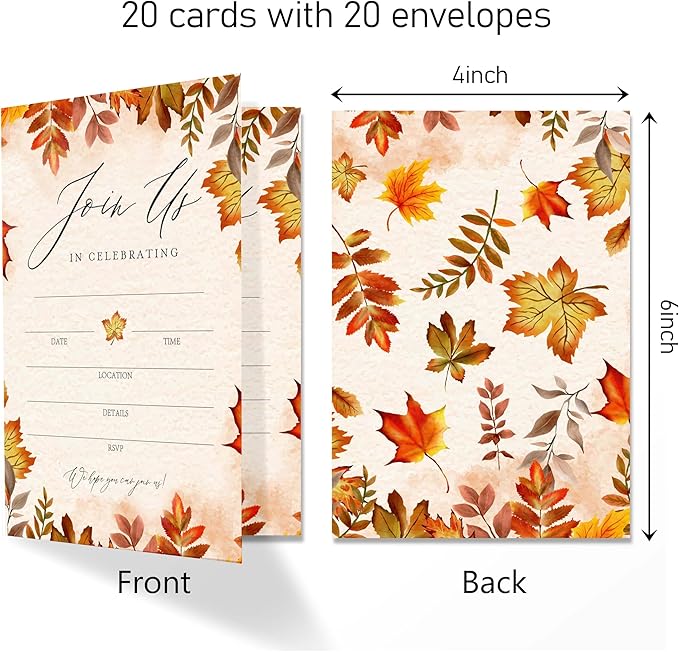 Join Us In Celebrating - Fall Invitation Cards with Envelopes Pack of 20 (4"x6") - Autumn Themed Leafy Invitations for Baby Shower, Wedding, Bridal Shower, Baptism, etc.(149)