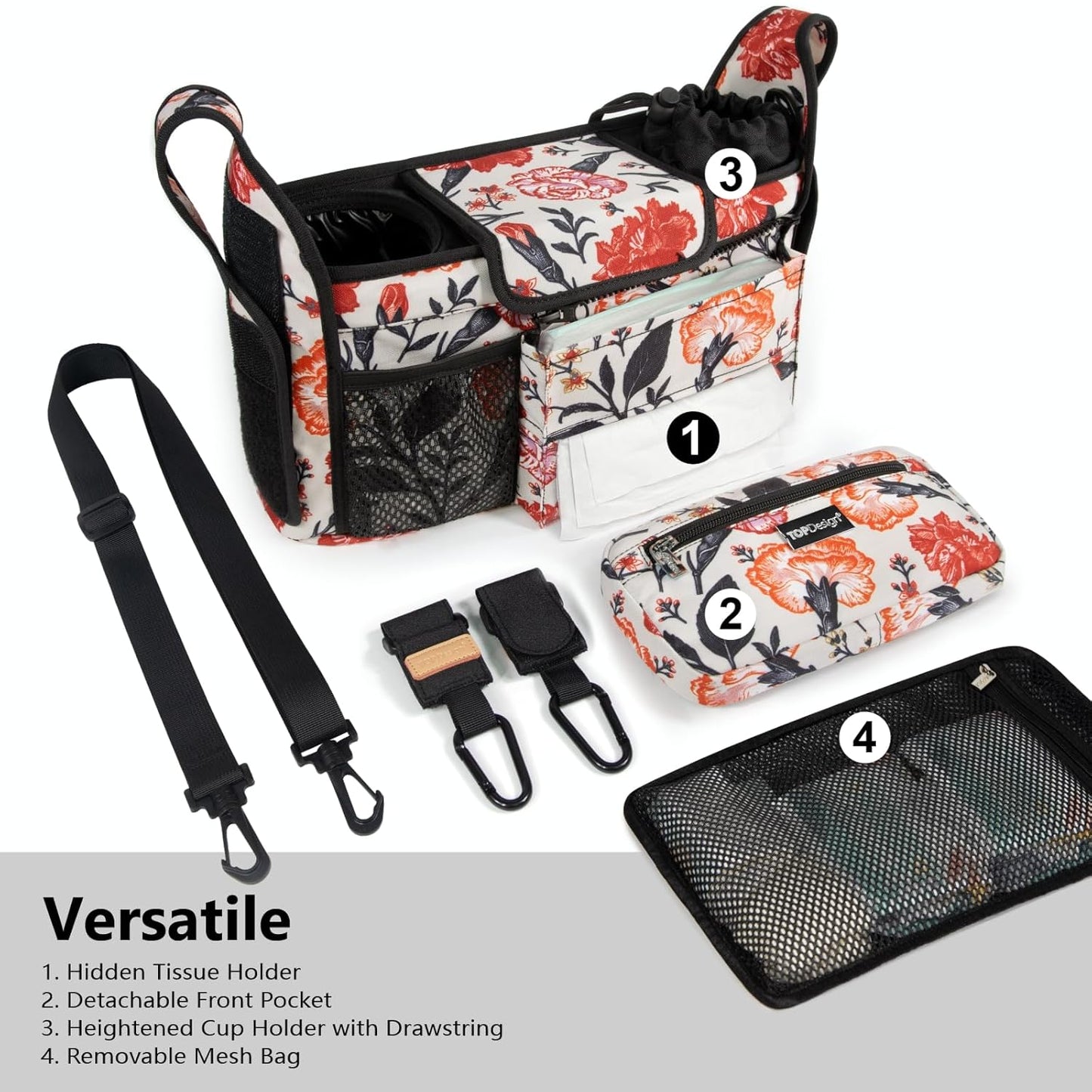 TOPDesign Universal Baby Stroller Organizer, Stroller Caddy with Detachable Mesh Bag & Heightened Insulated Cup Holders & Non-Slip Secure Hooks Accessories, Fits Most Strollers (Trumpet Vine)