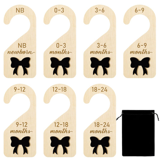 R HORSE Wooden Baby Closet Dividers - 8Pcs Double-Sided 3D Black Bow Baby Closet Organizer Newborn Clothes Size Hanger Dividers Nursery Decor Baby Shower Birthday Gift for Boy Girl (0-24 Months)