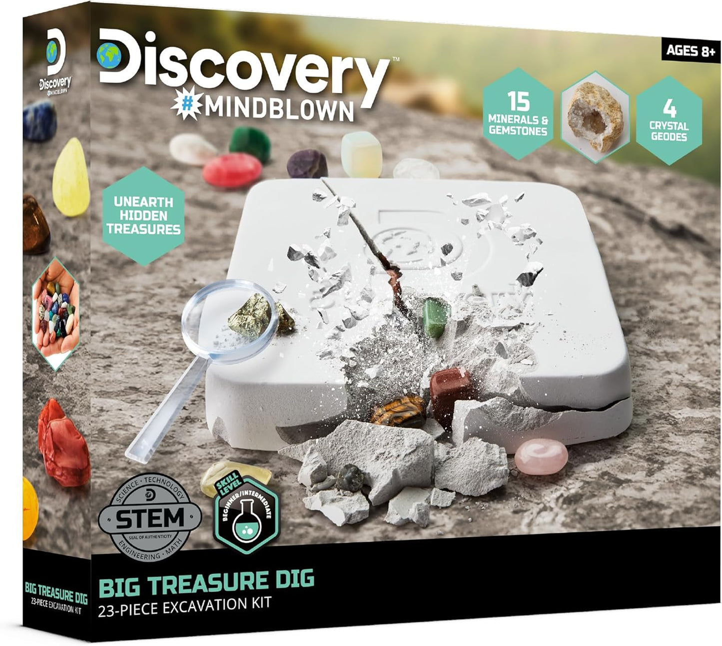 Discovery™ Big Treasure Dig STEM Kit – 23-Piece Excavation Set for Kids| Dig for 15 Gemstones, 4 Crystal Geodes & Pyrite Nuggets| Real Tools| Educational Geology Toy| Science Activity Gift| Ages 8+