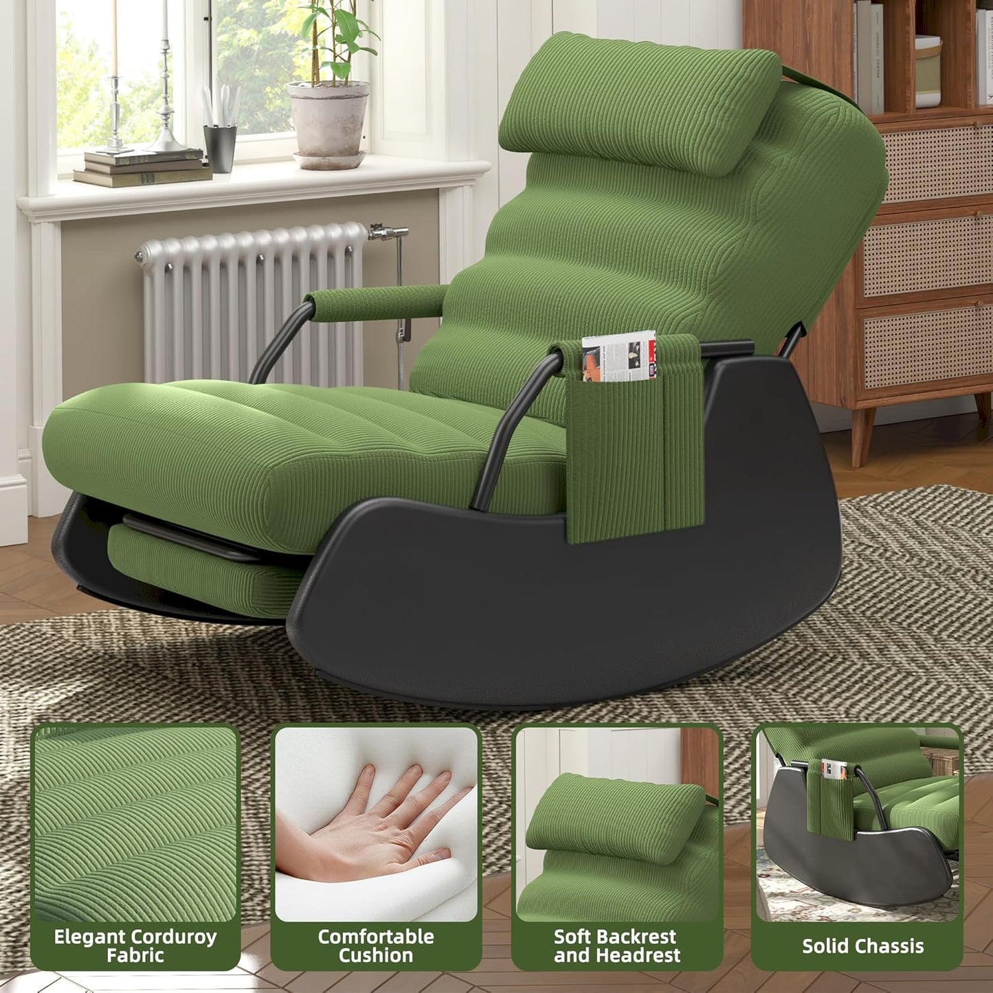 Polar Aurora Nursery Rocking Chairs with Soft Seat and Headrest,Corduroy Fabric Accent Chair with Side Pocket,Glider Rocking Chair for Bedroom/Living Room/Nursery. (Green/Black)