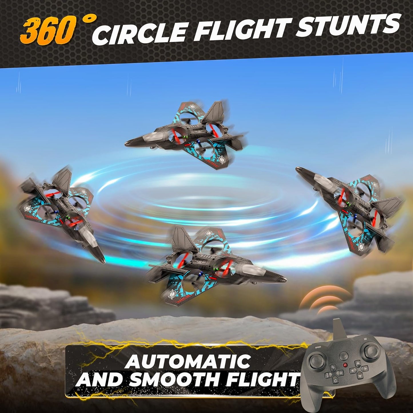 BEZGAR Drones for Kids | 2.4GHZ RC Plane, Remote Control Airplane, RC Helicopter, 360° Flip Fighter Jet Toy with Colorful LED Navigation Light Blue