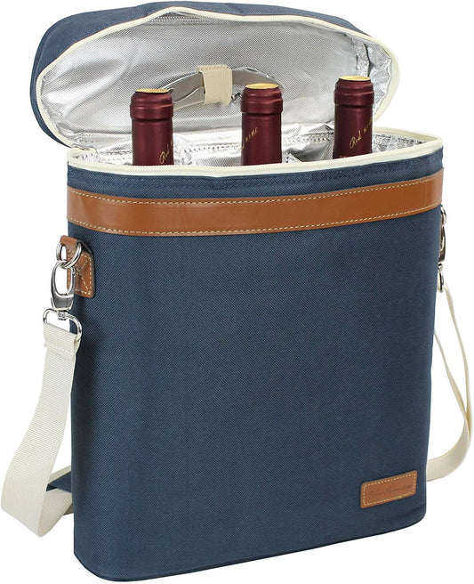 ZORMY 3 Bottle Insulated Wine Tote Cooler Bag, Portable Carrier with Corkscrew Opener and Shoulder Strap for Beach Travel Picnic, Unique Gift for Wine Lovers Navy Blue