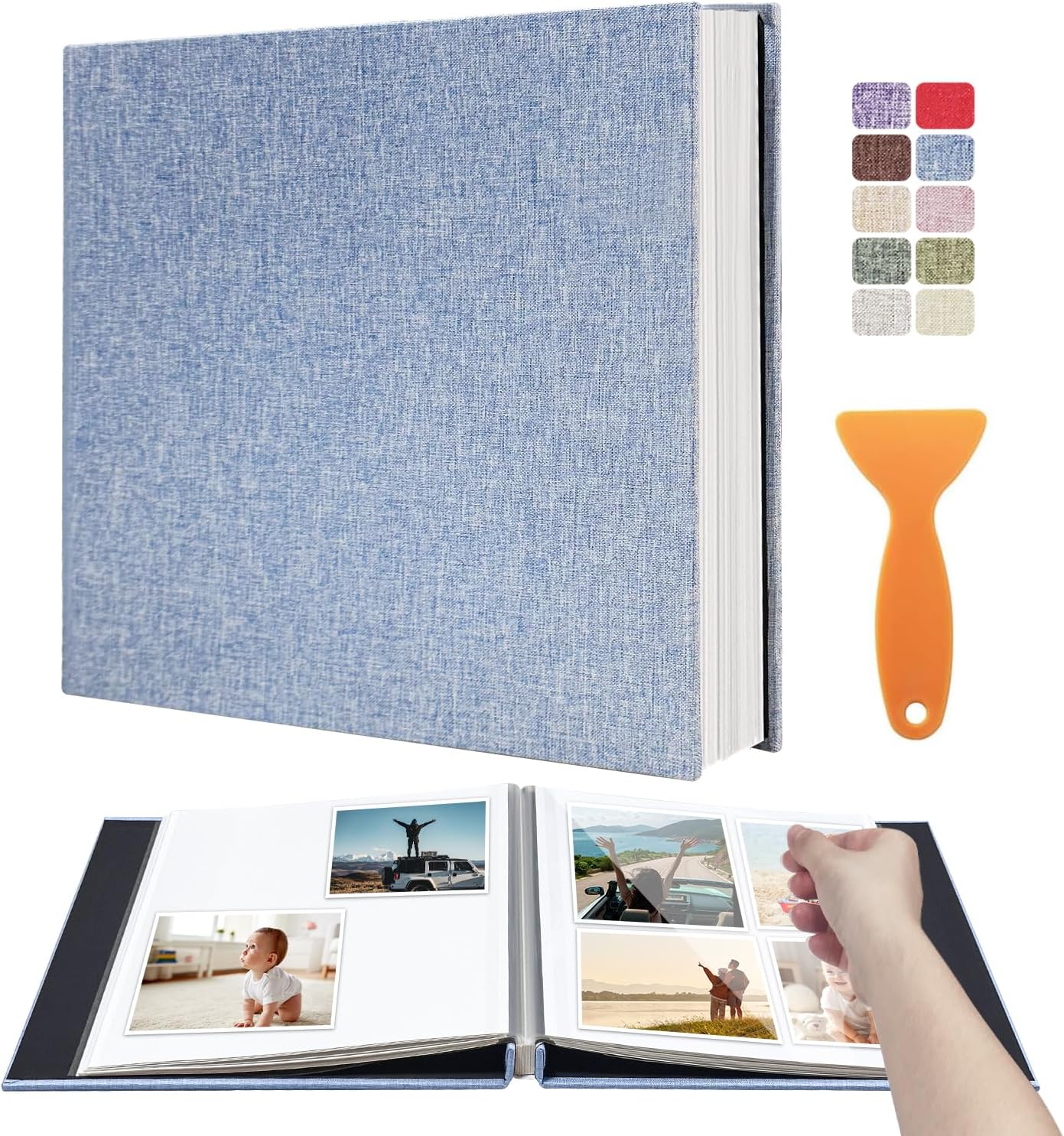 Large Photo Album Self Adhesive Scrapbook Album for 4×6 8×10 Pictures DIY Magnetic Linen Cover Album 60 Pages for Family Wedding Gifts with Metal Pen and Plastic Board