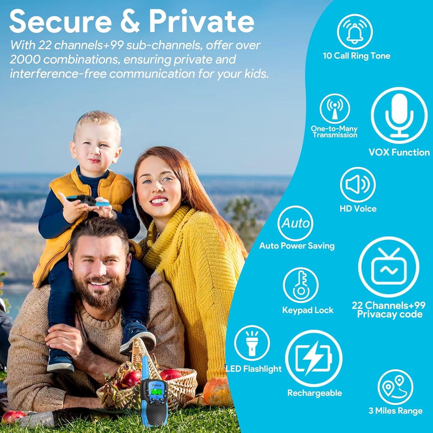 Vvinca Walkie Talkies Toys for Ages 5-7, Rechargeable Walkie Talkie Gifts for 3-12 Year Old Boy Girl with Flashlight 22CH 2 Way Radio 3 Mile Long Range for Adventure Game Camping Outdoor Hiking