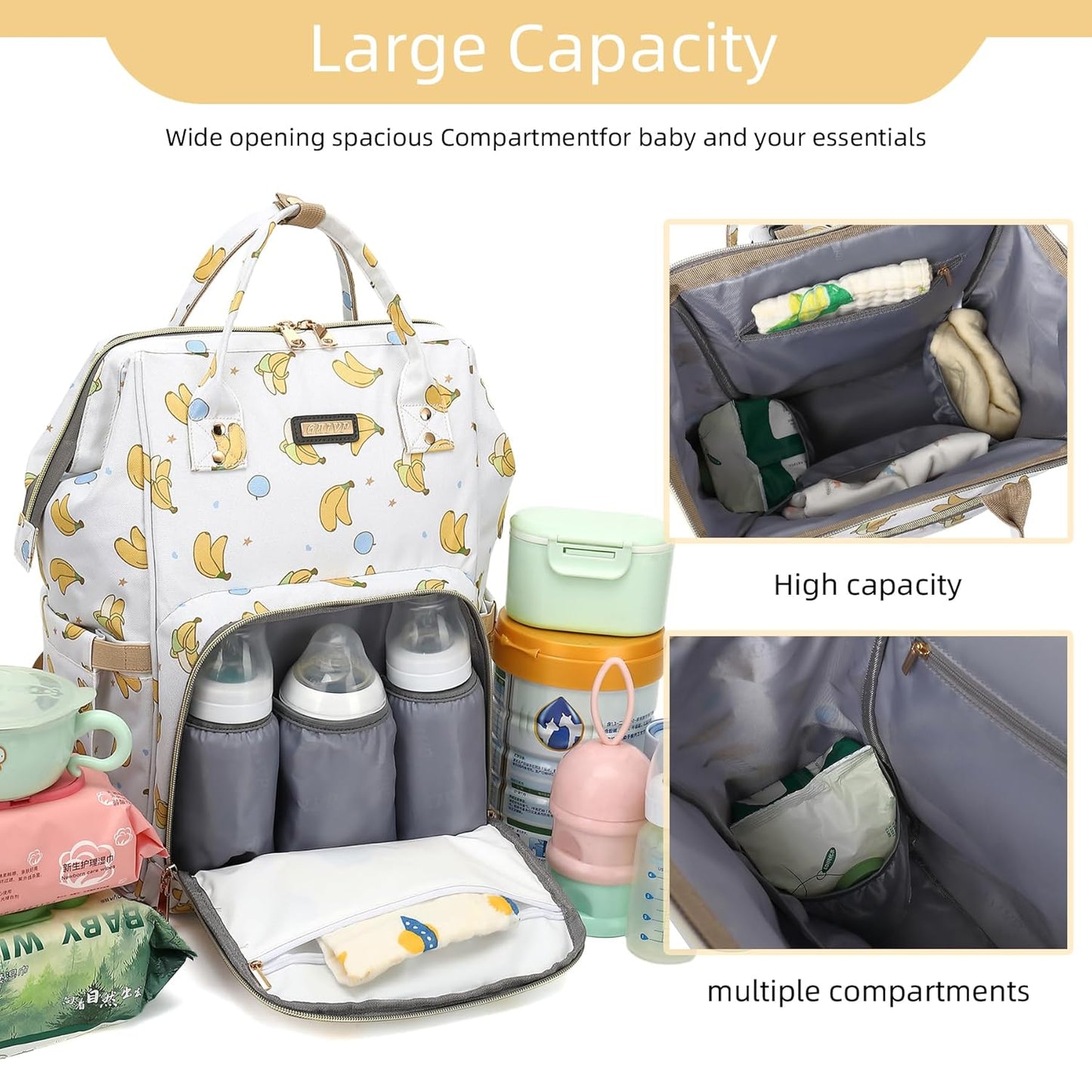 Diaper Bag Backpack, Diaper Bags for Baby Girls Boys, Baby Bags for Moms Dads, Nappy Changing Bag with Insulated Pockets,Multi-functional Waterproof Backpack with Stroller straps -Beige Banana