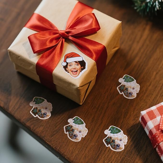 callie Personalized Christmas Stickers with Photo Face, Custom Waterproof Glitter Xmas Labels for Crafts Cards Envelope Seal Party Decor, 12pcs