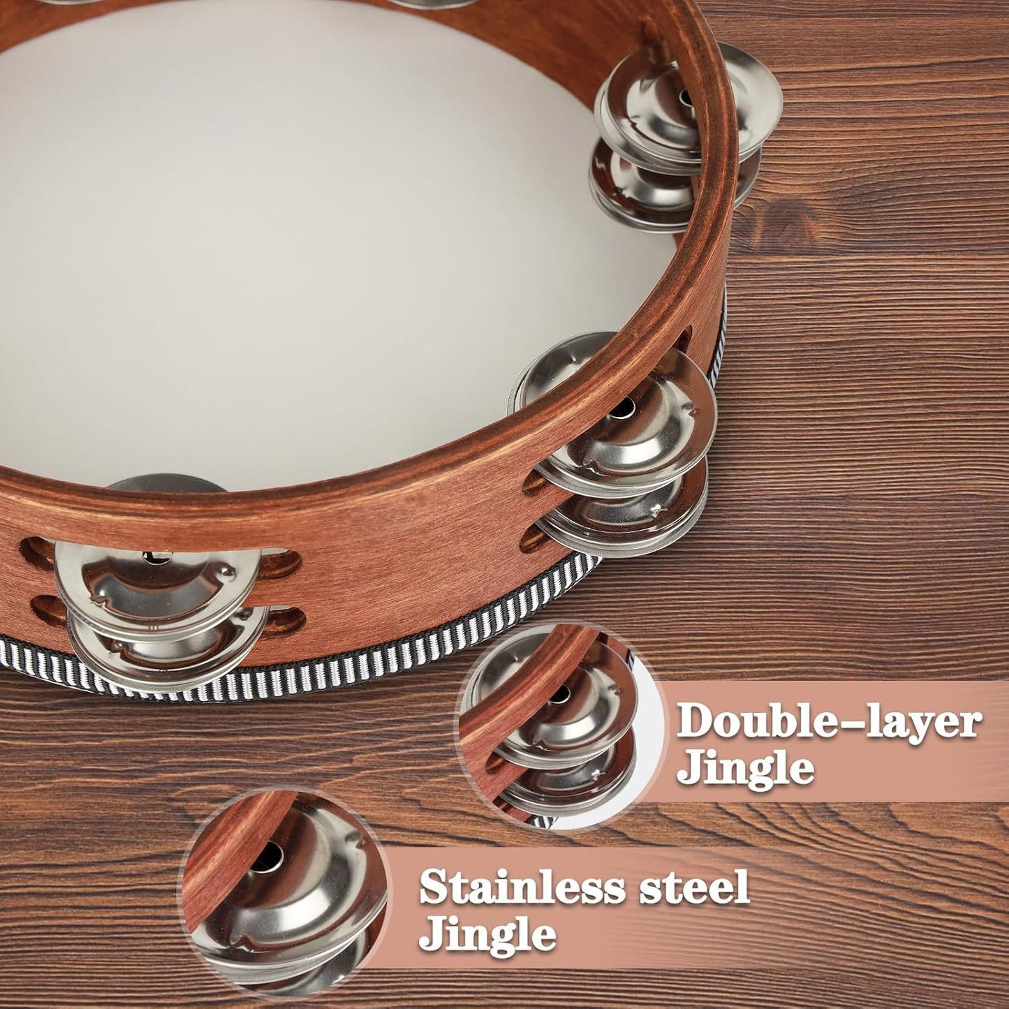 Wooden Hand Held Percussion Tambourine with Storage Bag - 8 Inches, Ideal for Church, Wedding, Party, Dance, Photo Shoot