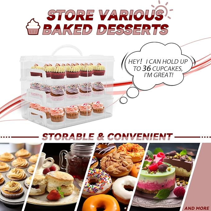 Cupcake Carrier, 3-Tiers Cupcake Containers, Holds 36 Cupcakes or 3 Large Cakes, Cupcake Holder, Cupcake Box with Lid and Handle (White, Basic)