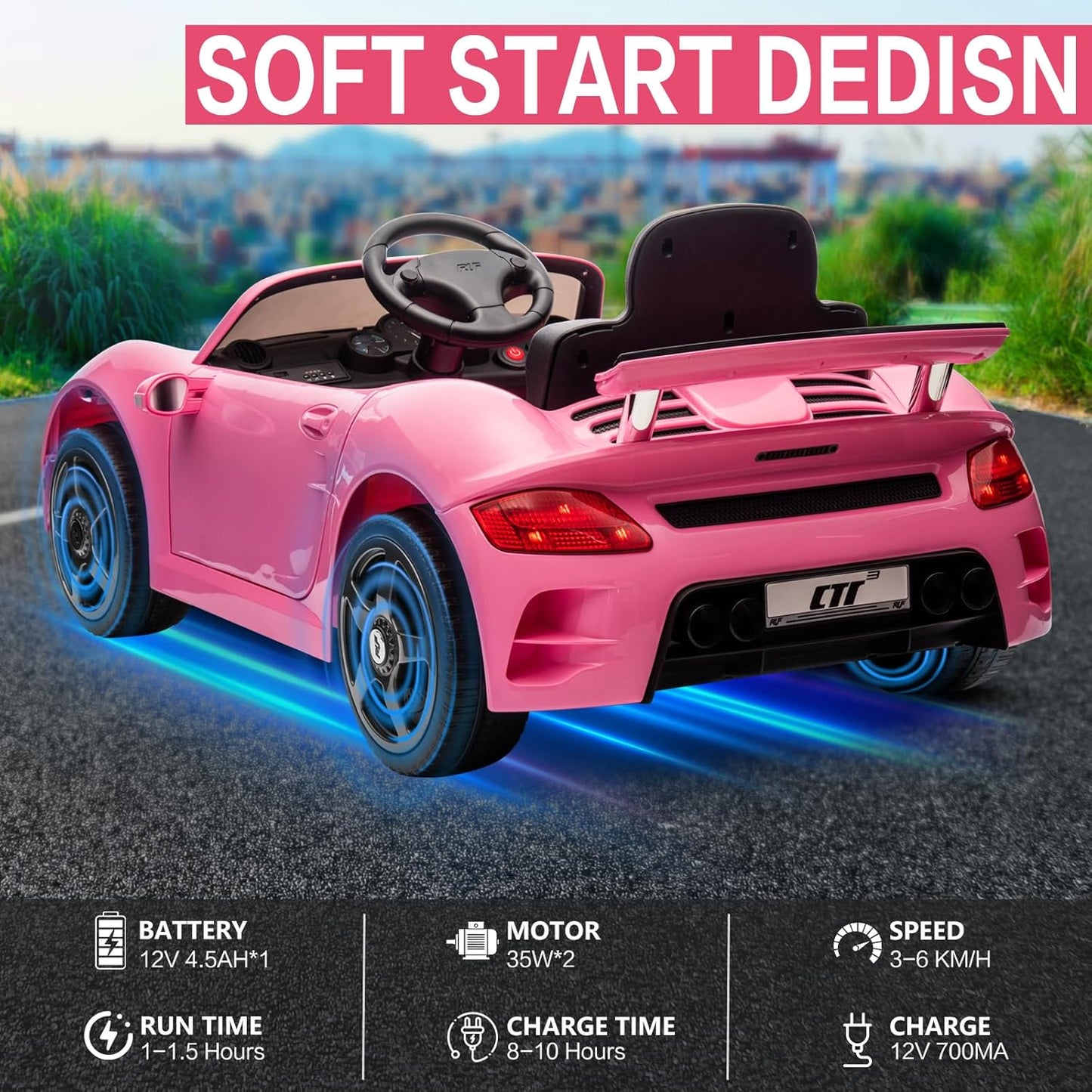 Licensed RUF CTR3 12V Kids Ride On Car with Parent Remote Control, MP3 Player, Battery Powered Electric Toy with 2 Motors, 3 Speeds, LED Lights - Pink