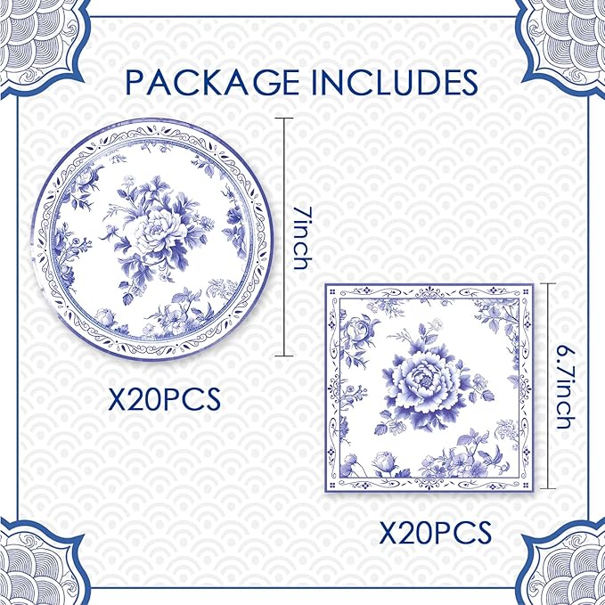 40pcs Blue and White Flower Party Decorations Disposable Blue Floral Plates and Napkins Flower Tableware Set for Bridal Shower Decoration Wedding Tea Party,Suitable for 20 Guests.