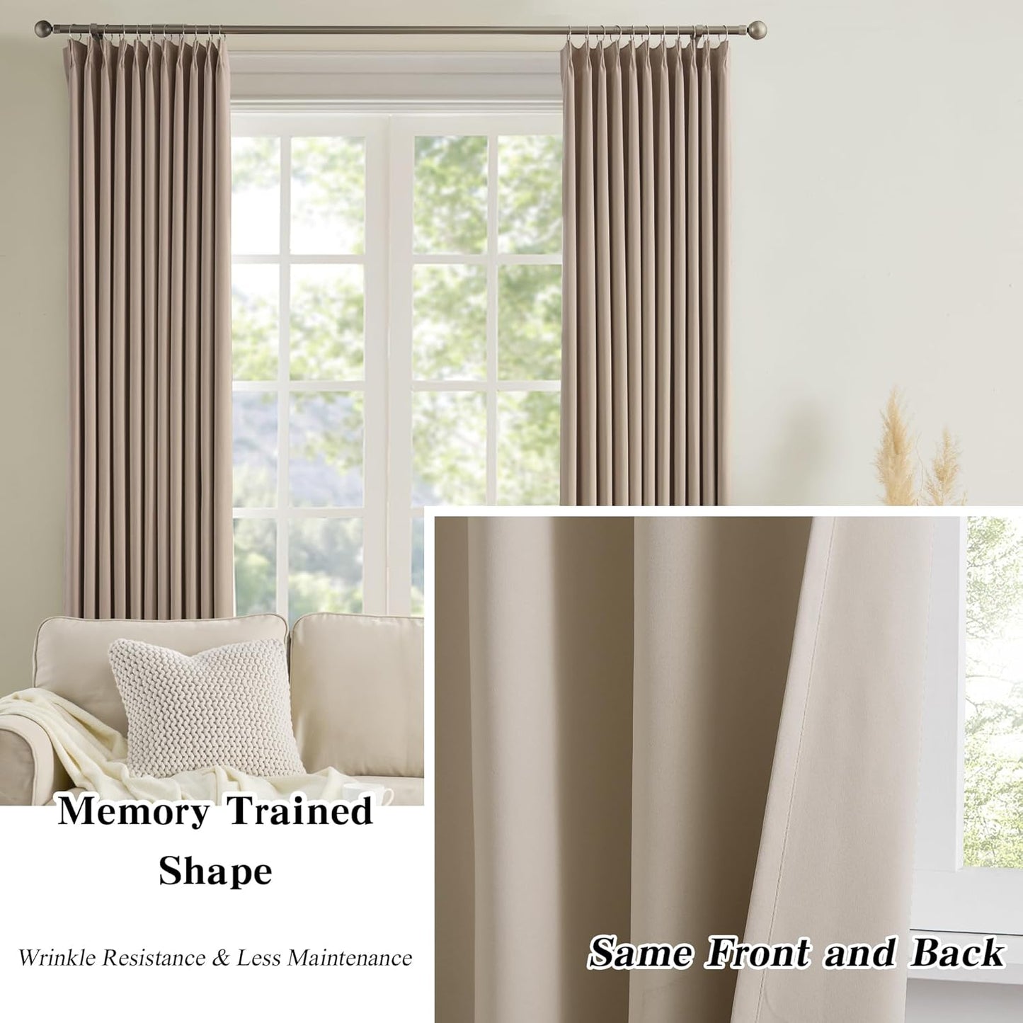 Pleated Blackout Curtain Drapes for Window 105" L - Triple Weave Vertical Energy Saving Solid Pinch Pleat Hook Room Divider Blackout Panels for Patio (72" Wide per Panel, 2 Panels, Khaki)