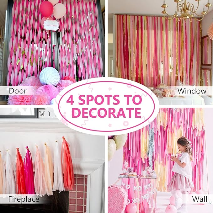 PartyWoo Crepe Paper Streamers 4 Rolls 328ft, Pack of Hot Pink and Pink Crepe Paper for Party, Wedding, Birthday, Baby Shower Decorations, Valentines Day Decorations (1.8 Inch x 82 Ft/Roll)