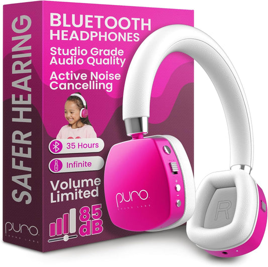 Puro Sound Labs PuroQuiet Plus Noise Cancelling Headphones for Kids, Bluetooth Kids On Ear Headphones with Mic, Lightweight On-Ear Design, Studio-Grade Sound (Pink)