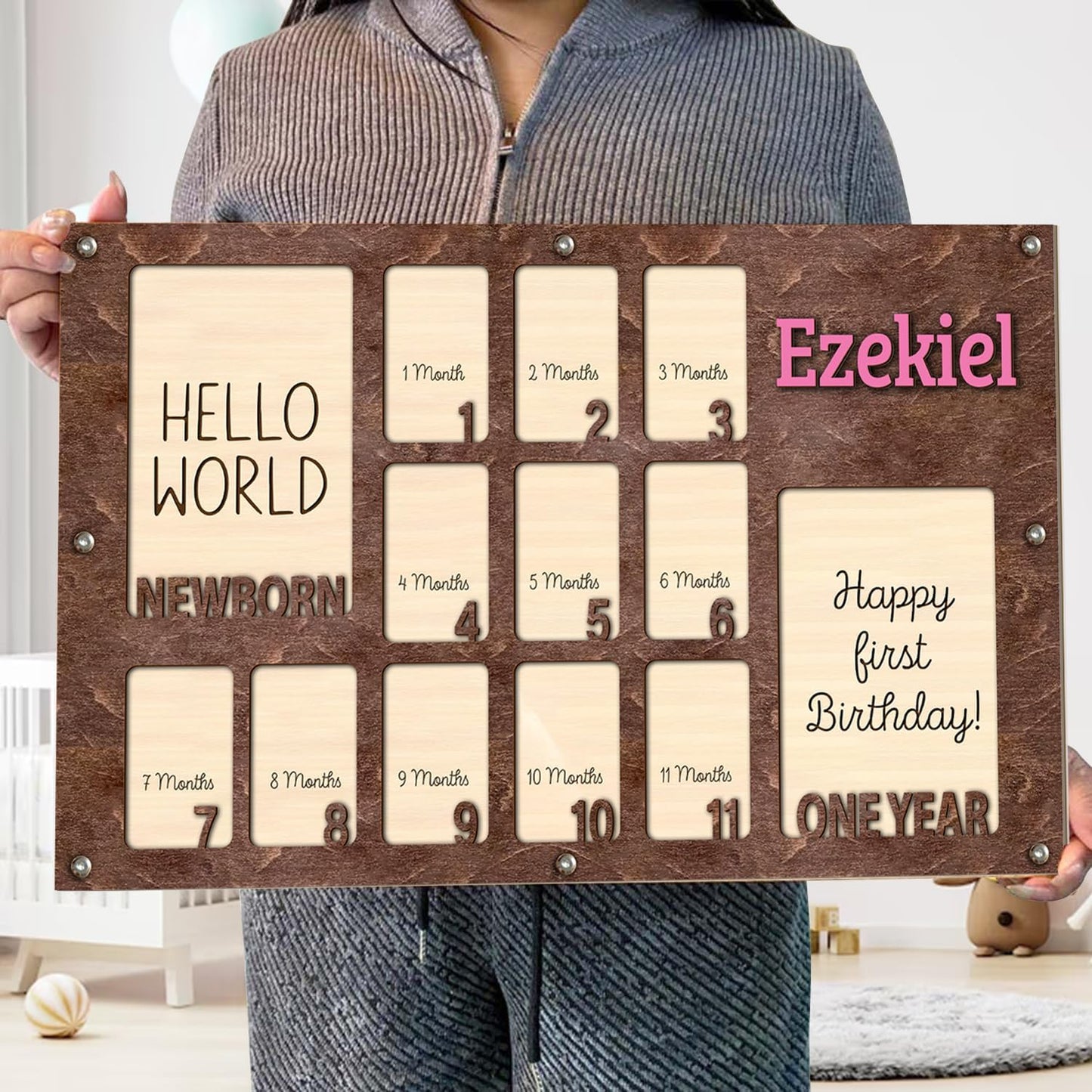 Personalized My First Year Photo Frame | 12 Months Picture Frame For Baby First Year | Displays Two 4x6 Photo and Twelve 2x3 Pictures | Birthday Party Decor Newborn Memory Keepsake, Style MP6