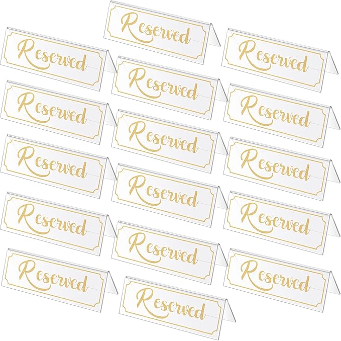 Jetec 16 Pieces Reserved Sign Acrylic Clear Reserved Table Tent Signs Table Number Holders for Wedding Printed Seating Reservation Restaurant Business Office Meeting Party (Gold)
