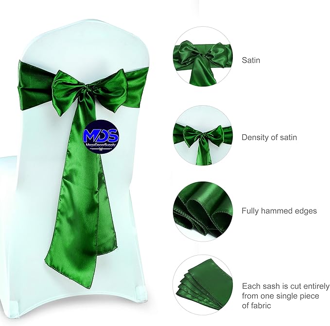 MDS Pack of 300 PCS Satin Chair Sashes Charmeuse Sateen Dining Chair Bows Ribbon Ties Back Sash for Wedding Party Birthday Home Hotel Restaurant Banquet Decoration (7 x 108 Inch, Green)