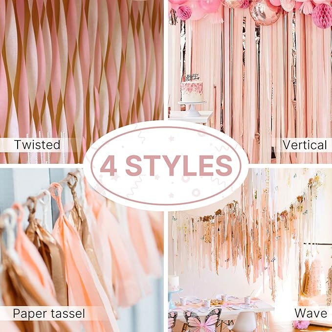PartyWoo Rose Gold Crepe Paper Streamers 4 Rolls 328 ft Pack of Metallic Rose Gold Pink Dusty Pink Crepe Paper for Bride to Be Bachelorette Birthday Party Decorations (1.8 Inch x 82 Ft/Roll)