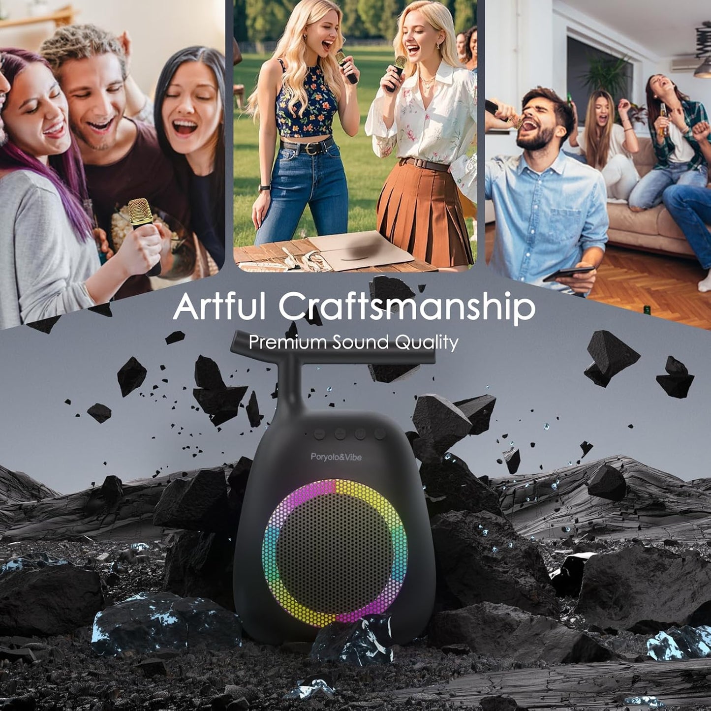 Karaoke Machine for Kids Adults Portable Bluetooth Speaker with 2 Wireless Microphones LED Lights Artistic Design 8-Hour Battery Support Family&Party Choice Fun for All Ages Gifts