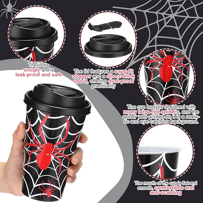Yungyan 24 Sets Spider Party Favors Goodie Cups with Lids and Straws for Halloween Party Decorations Reusable 16oz Plastic Candy Cups Plastic Straws for Birthday Gift (Spider)