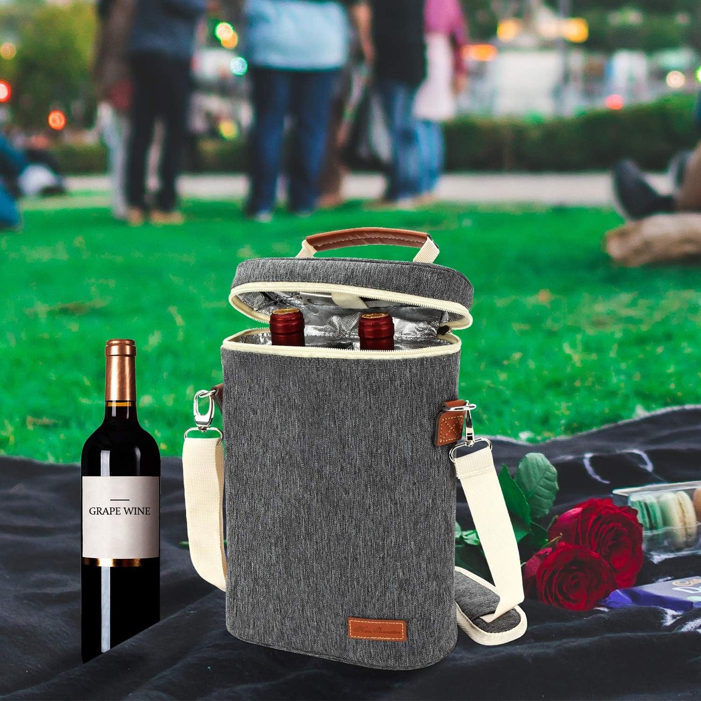 ZORMY 2 Bottle Insulated Wine Tote Bag, Wine Carrier Travel Padded Cooler Bag with Shoulder Strap & Corkscrew Opener, Perfect Wine Lover's Gift, Great for Picnics Grey