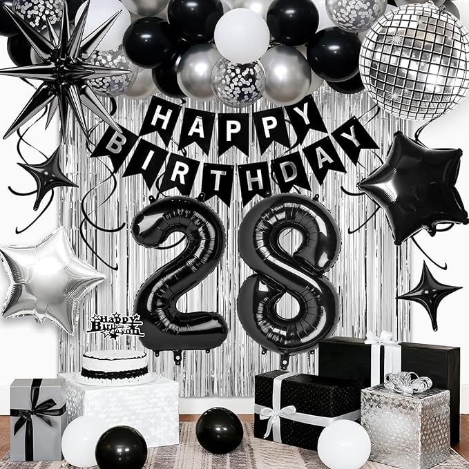 28th Birthday Decorations for Men Women, Black Silver Happy Birthday Party Decorations， 28 Year Old Party Supplies with Number 28 Balloons, Banner, Fringe Curtains Kit