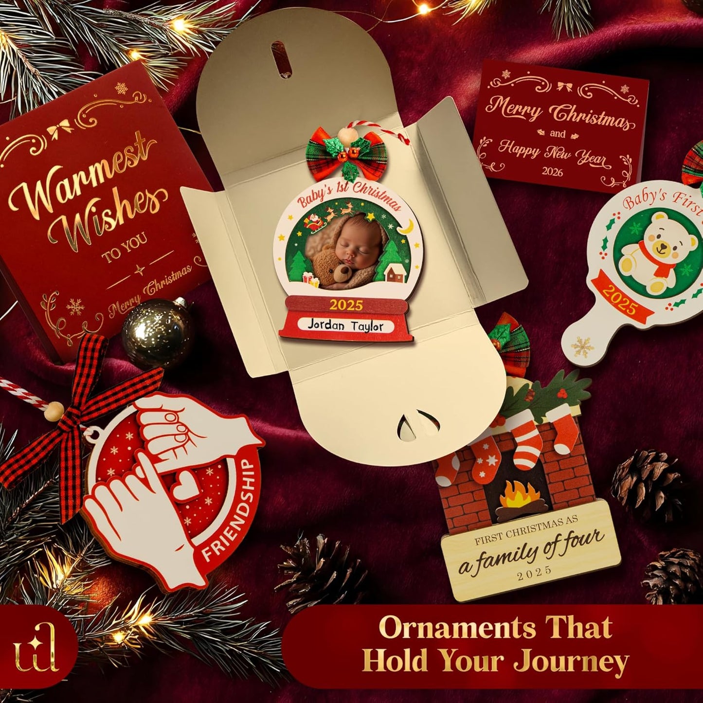 Babys First Christmas Ornament 2025 Girl Boy - Baby 1st Christmas Newborn Keepsake Photo Ideas, Baby Picture Frame Baby's First Xmas Ornament for Xmas Tree Decorations