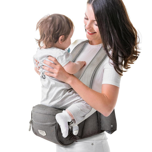 Sunveno Ergonomic Hip Seat Baby Carrier with Detachable Double Shoulder Straps, Waist & Back Relief, Breathable Mesh, Non-Slip Seat + Storage Pockets, Fits Infants & Toddlers 0-36 M up to 45 lbs