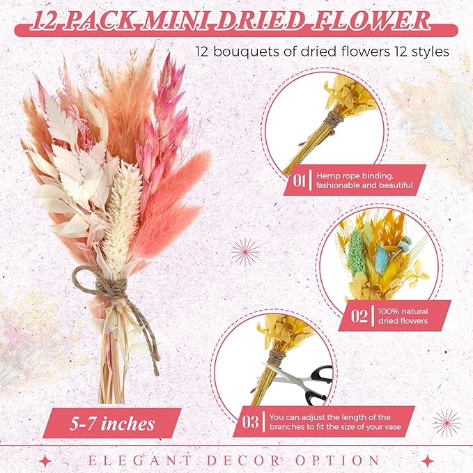 Layhit 12 Pack Boho Dried Flower Bouquet Mini Wedding Handmade Dry Flowers Decor for Vase Crafts DIY Photo Boutonniere for Men Floral Plant for Bridesmaid Gift Birthday Decor