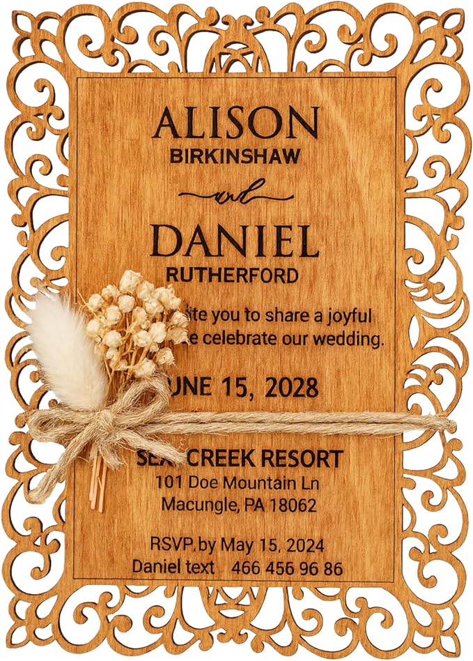 Personalized Wedding Invitations, Laser Cut Wedding Invitation, Flower Wooden Invitations with Envelopes & Stickers, Easy Personalization, 5 Different Color Options