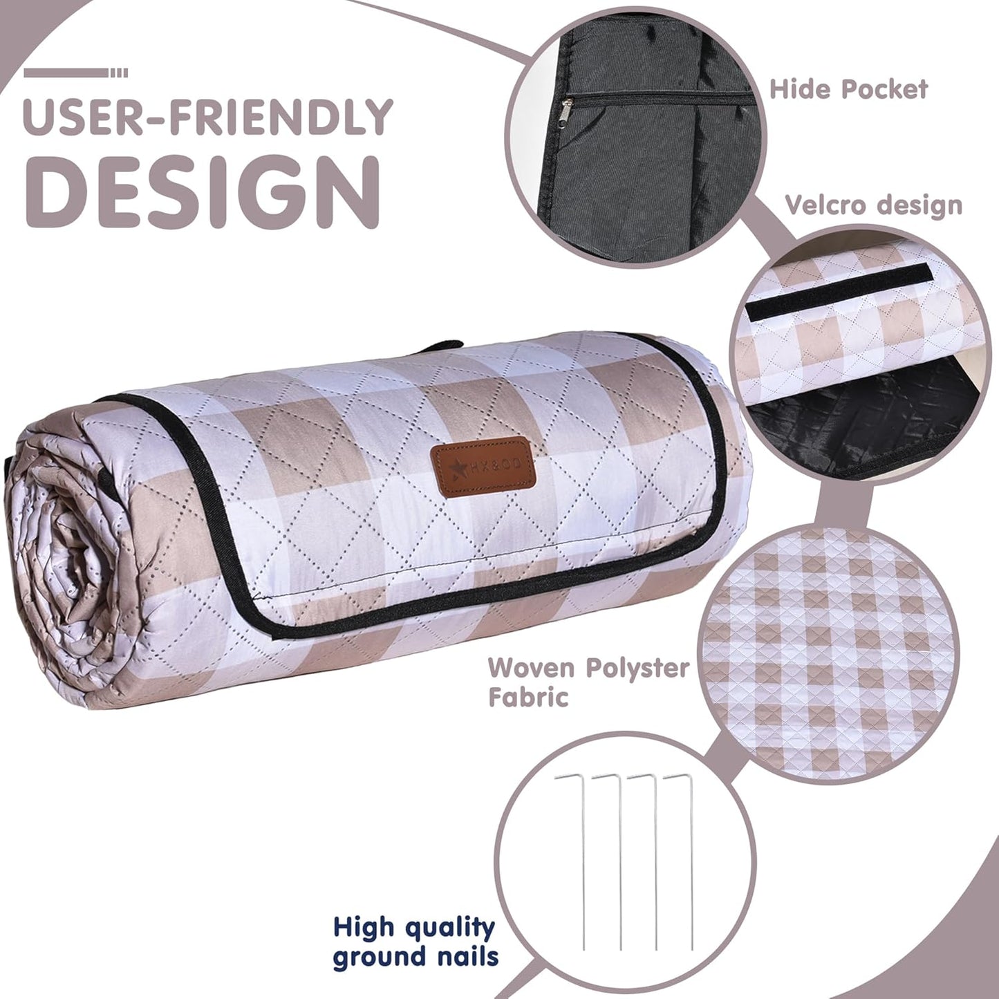 HX&OD Outdoor Picnic Blanket, Extra Large, 80''x80'' Waterproof Foldable Blankets Gingham Picnic Mat for Beach, Camping Grass Lawn Park Accessories Cute Couple Ideas Wedding (Light Brown, 80”x80”)