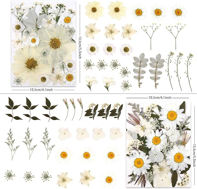 100P White Foliage & Flower Mix Dried Flowers for Crafts, Real Natural Pressed Flowers for DIY Crafts, Resin Jewelry, Candle Art & Scrapbooking Crafts – Tweezers Included