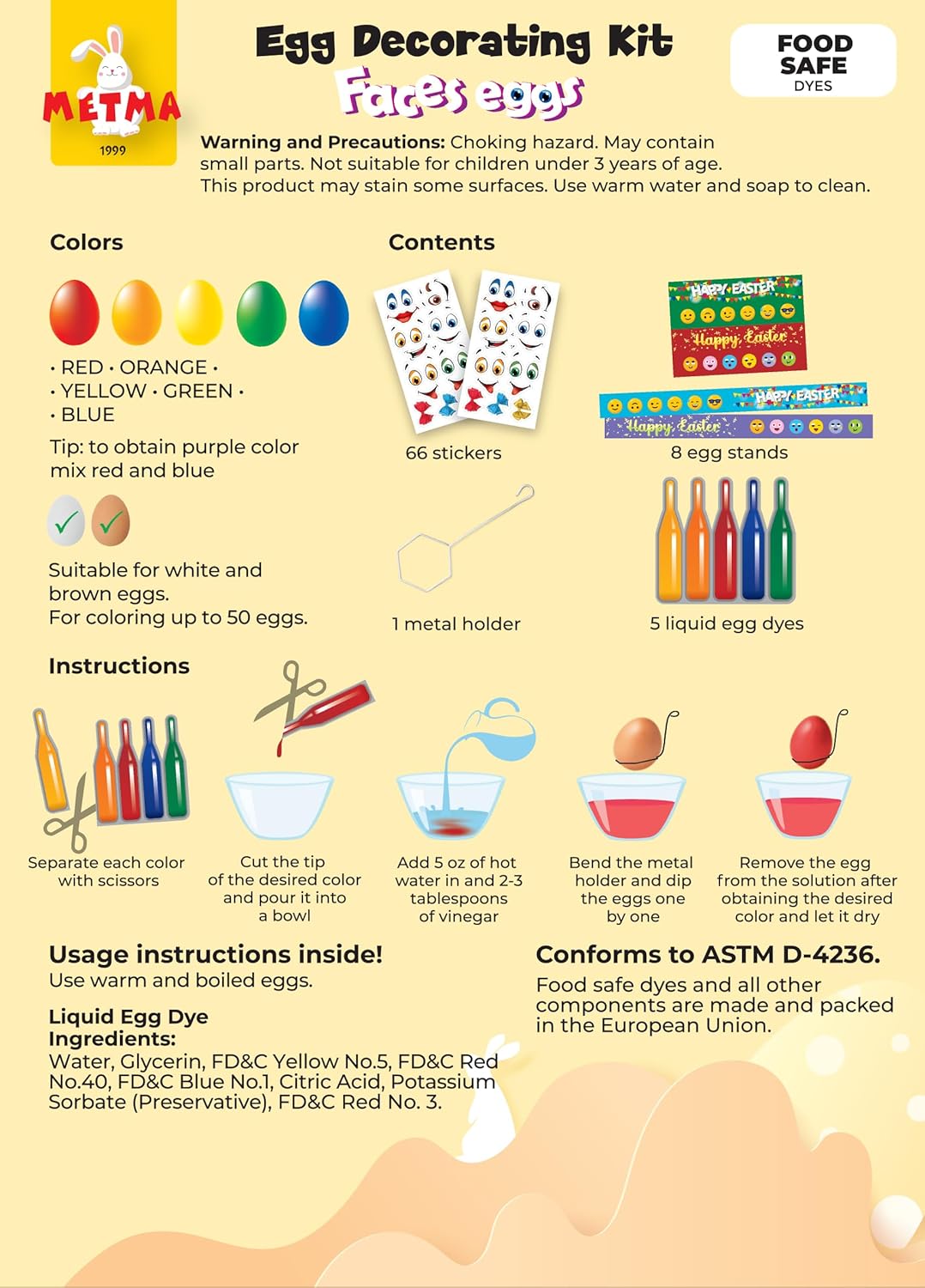 METMA 1999 Egg Decorating Kit Faces - Complete Decorative Eggs Set with Liquid Dyes, Stickers, Egg Spinner, and More - Fun Easter Egg Dye Kit Arts and Crafts for Kids (Faces Eggs)