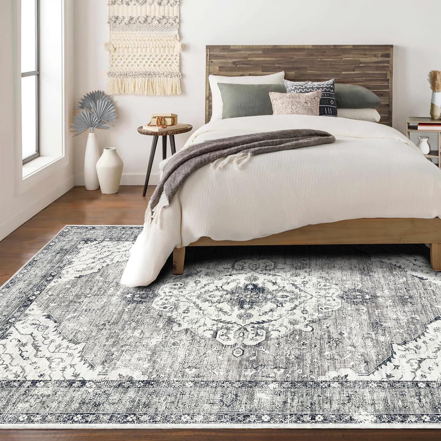 Grey Rug 6x9 Boho Vintage Rugs for Living Room, Washable Rugs Non Slip Large Area Rug for Dining Room Bedroom Office, Floor Decoration Big Rug Low-Pile Kid & Pet Friendly(Grey)