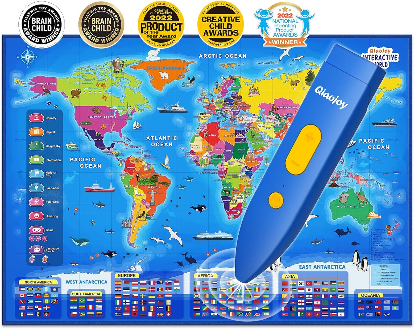 Bilingual Interactive World Map for Kids Learning and Educational Toys, Talking Electronic Kids World Map i-Poster Geography Games Ages 3 to 12 Years Old, Custom Talking Birthday Gifts Card