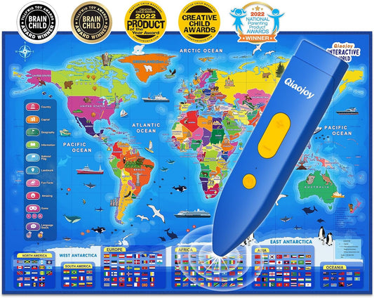 Bilingual Interactive World Map for Kids Learning and Educational Toys, Talking Electronic Kids World Map i-Poster Geography Games Ages 3 to 12 Years Old, Custom Talking Birthday Gifts Card