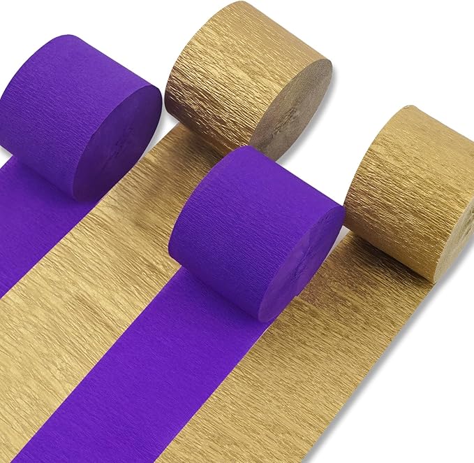 PartyWoo Purple and Gold Crepe Paper Streamers 4pcs 328ft Pack of Metallic Gold Dark Purple Crepe Paper Streamers for Birthday Wedding Gender Reveal Baby Shower Princess Mardi Gras Party Decorations