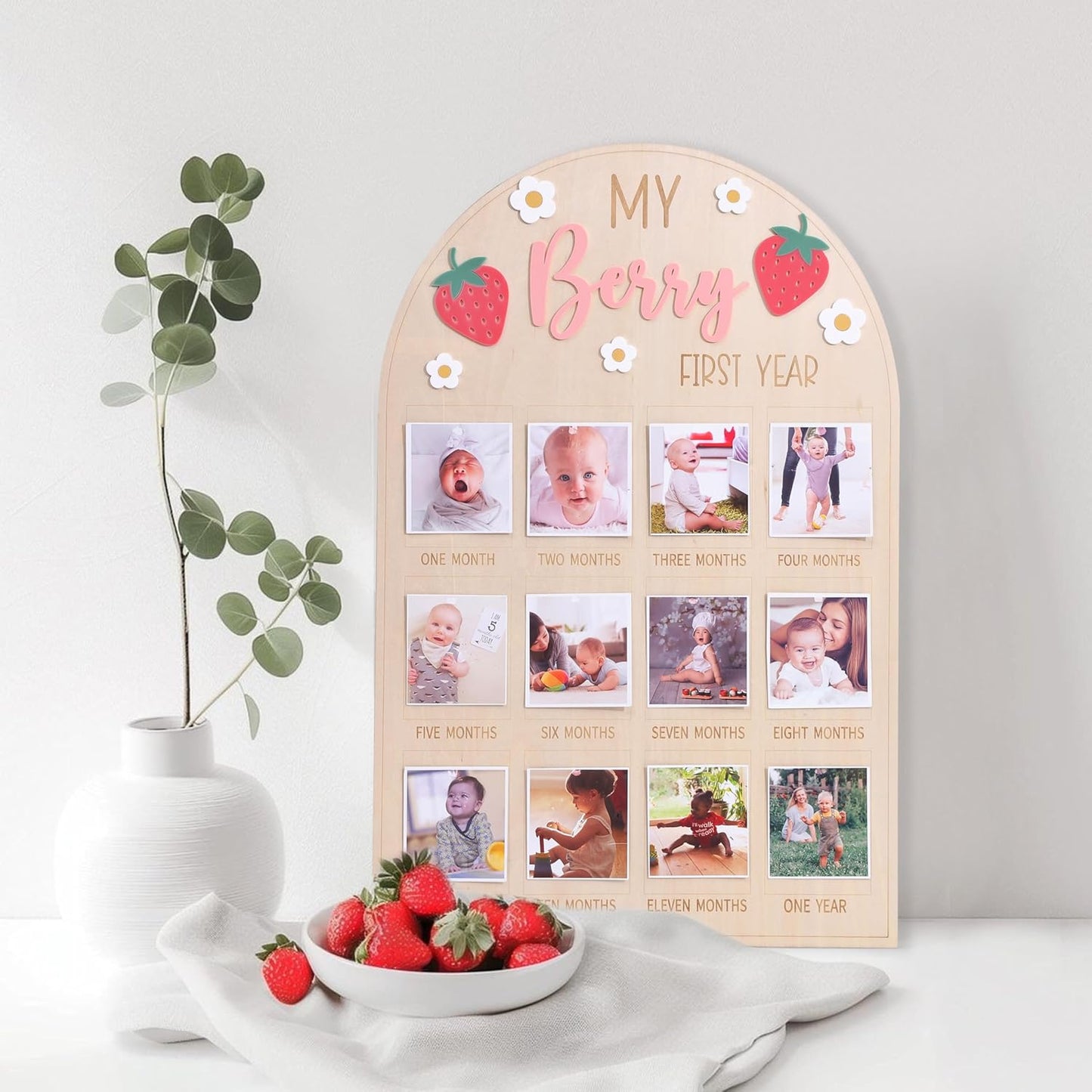 WAOUH Berry First Year Photo Wood Board - Strawberry 1st Birthday Decorations,Strawberry 1 to 12 Months Photo Board,Berry Daisy One Year Photos Display,Newborn Sweet Monthly Milestone Photos Sign
