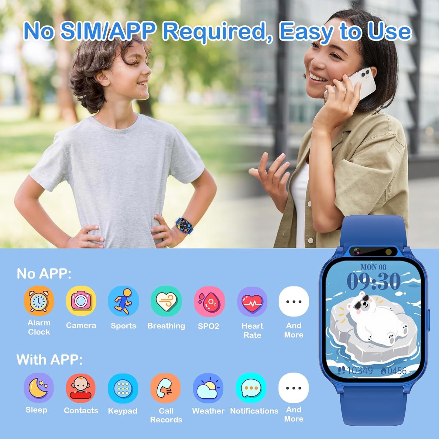 Kids Smart Watch Boys with Fitness & Sleep Tracker, Waterproof Smart Watch for Kids Age 5-12, Sport Modes Heart Rate SOS Button HD Camera DIY Dial Games Music Recorder, NO APP/Phone, Boys Gifts Toys