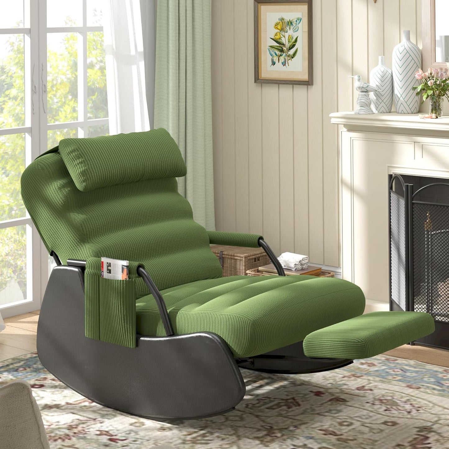 Polar Aurora Nursery Rocking Chairs with Soft Seat and Headrest,Corduroy Fabric Accent Chair with Side Pocket,Glider Rocking Chair for Bedroom/Living Room/Nursery. (Green/Black)
