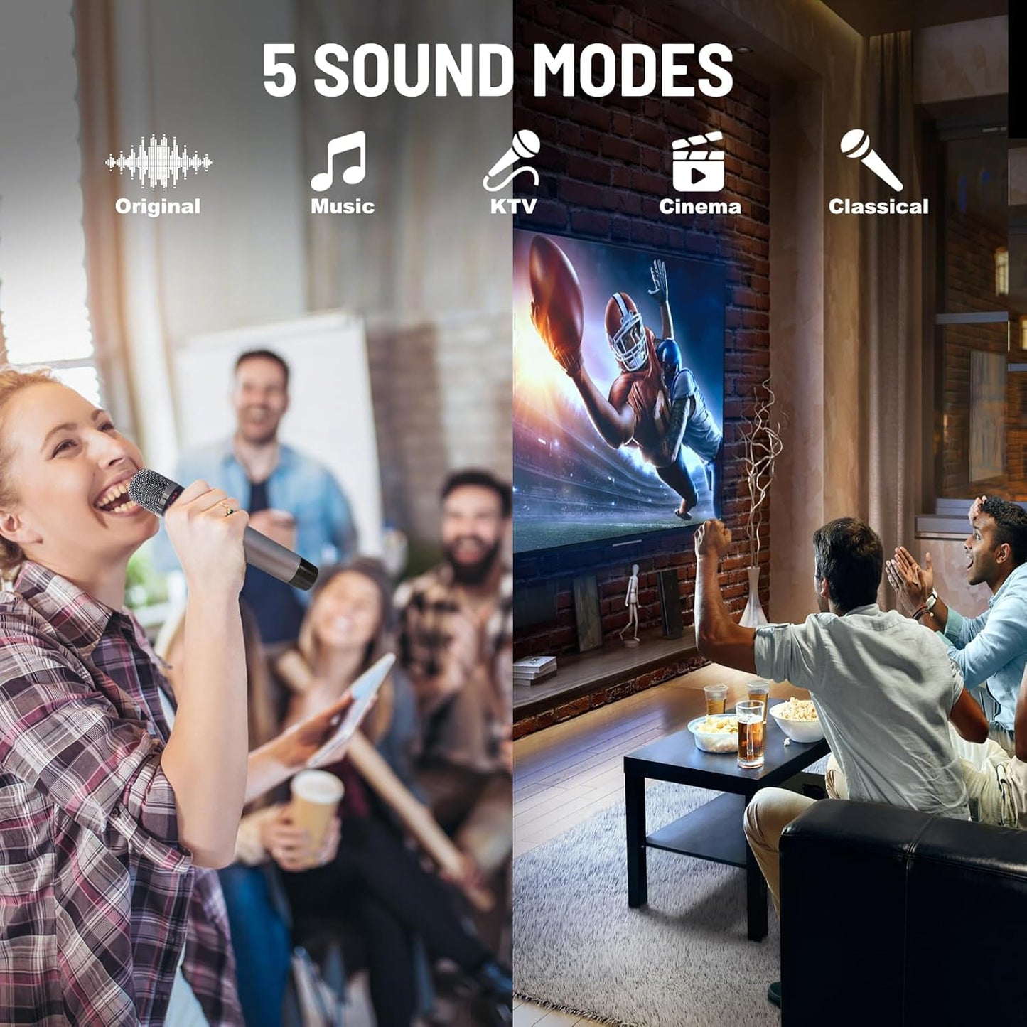 RHM K222 Karaoke Machine, with 2 Wireless Microphones & 5 Music Modes, Support Optical/Bluetooth/AUX/USB/PC, Wooden Bluetooth Speaker for TV/Home/Meeting/Karaoke/Party, Great for Music Lovers