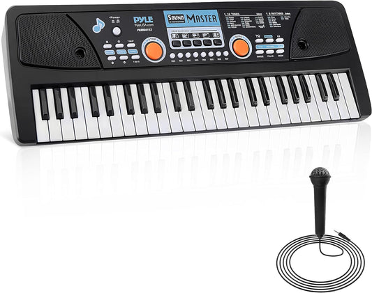Pyle Electric Keyboard Piano - 49-Key Portable Digital Karaoke Piano with Stereo Speakers, Rechargeable Battery, and Wired Microphone for Beginners, Kids, Adults - 8 Rhythms, 16 Tones