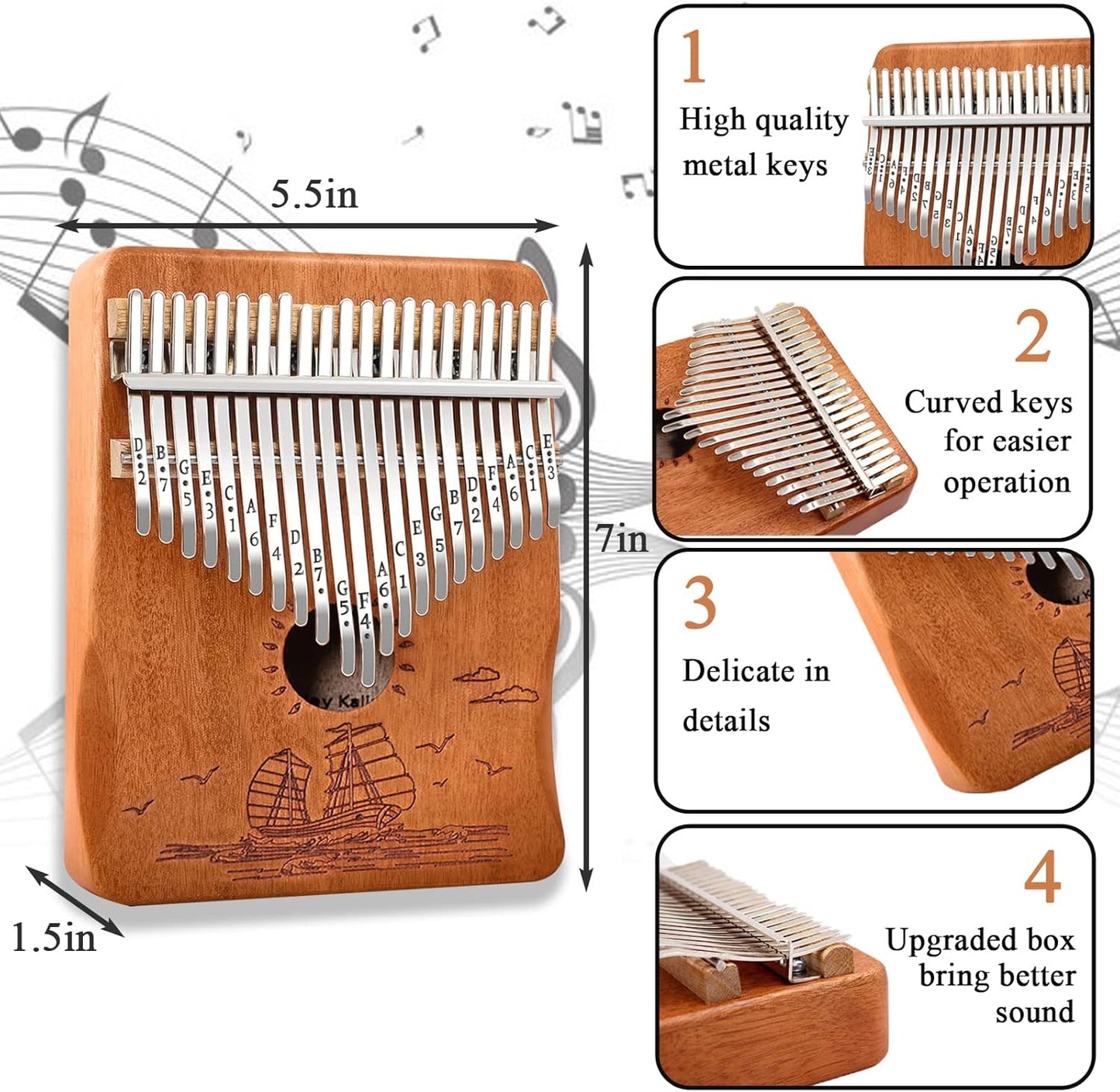 Finger Piano Kalimba 21 Keys, Calimba, Kalimba 21 Key with Tuning Hammer and Instructions, Sail Away Thumb Piano for Adults and Beginners(Brown)