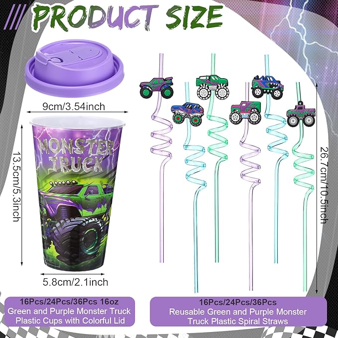 Yungyan 36 Sets Green Purple Monster Truck Party Favors Goodie Cups with Lids and Straws for Halloween Party Decorations Reusable 16oz Plastic Candy Cups Plastic Straws for Birthday Gift(Truck)